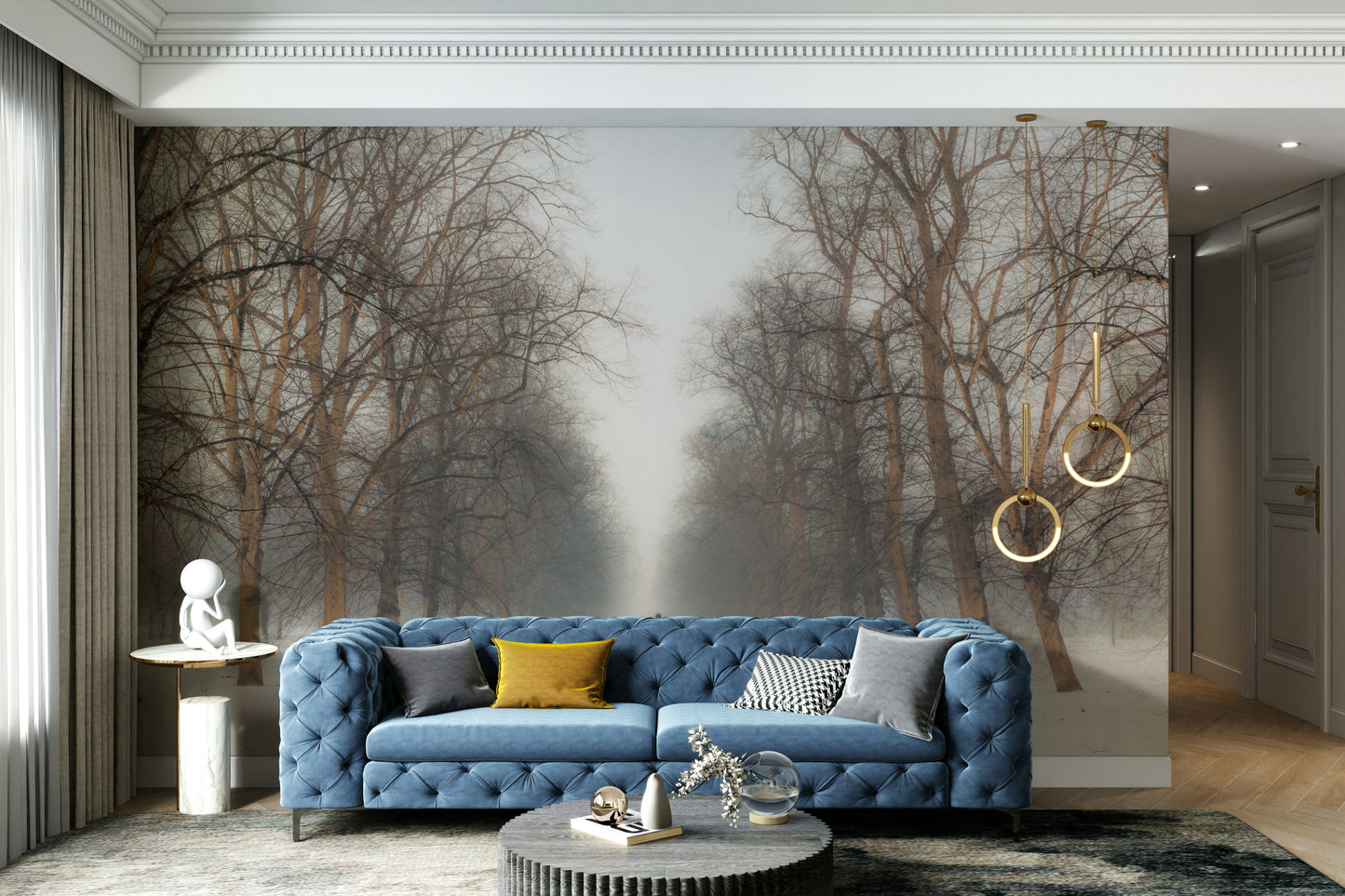 A peaceful park landscape mural on decorative wallpaper.

