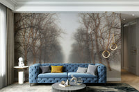 A peaceful park landscape mural on decorative wallpaper.

