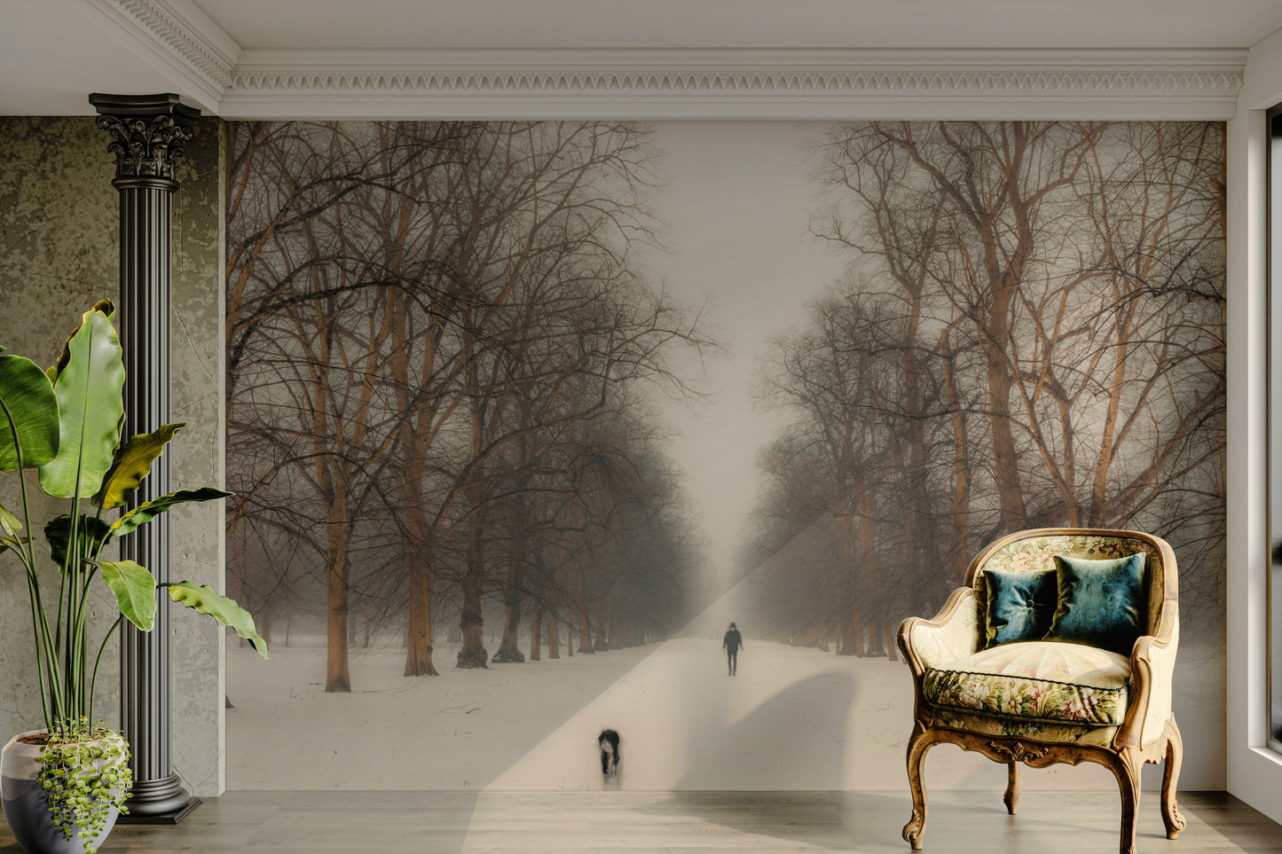 A graceful subtle tree wall mural in cool, natural tones.

