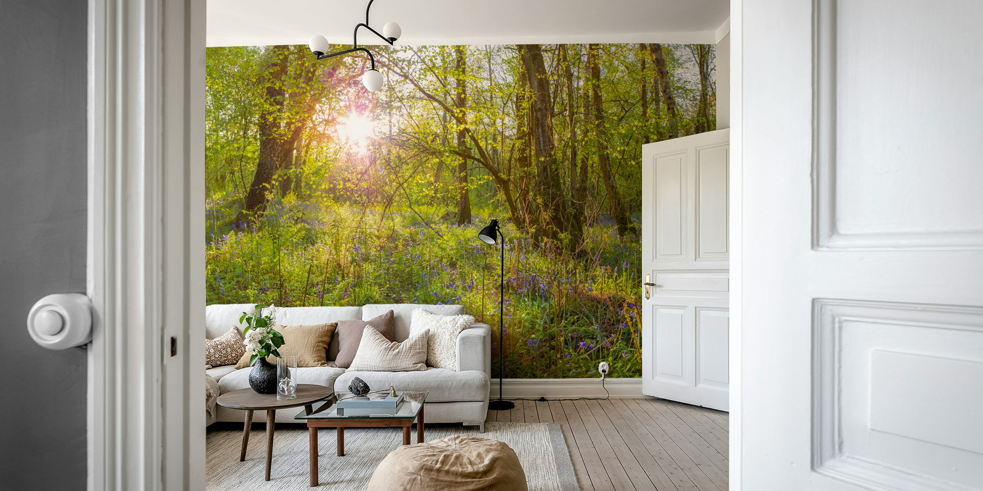 A peaceful forest landscape mural on decorative wallpaper.

