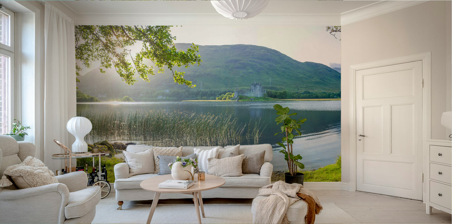 A peaceful valley view mural on decorative wallpaper.

