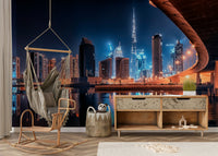 A graceful subtle illumination wall mural in cool, dark tones.

