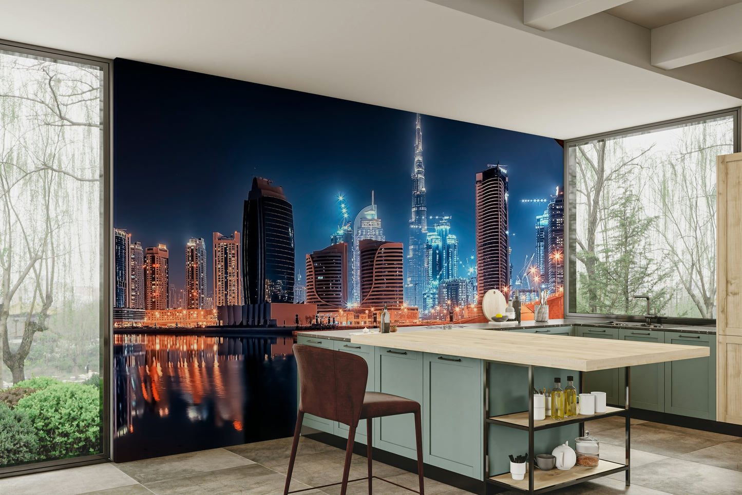 A beautiful modern art wall mural of a city at night.

