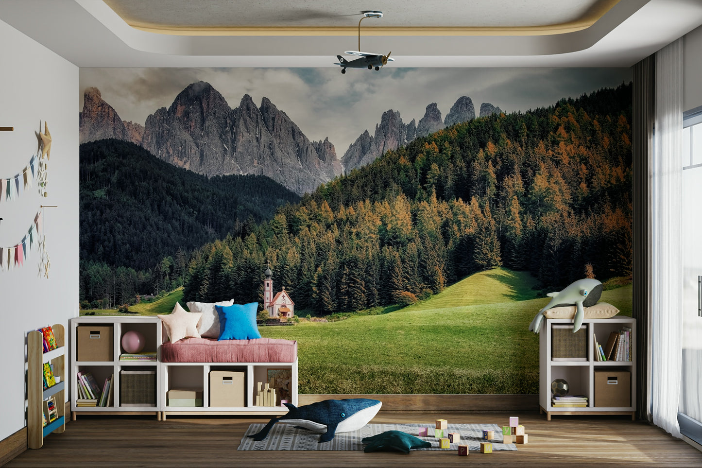 A calming Dolomite vista wallpaper mural that defines a space.

