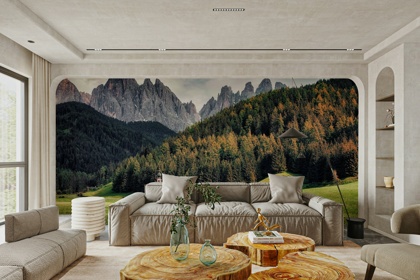 A peaceful mountain view mural on decorative wallpaper.

