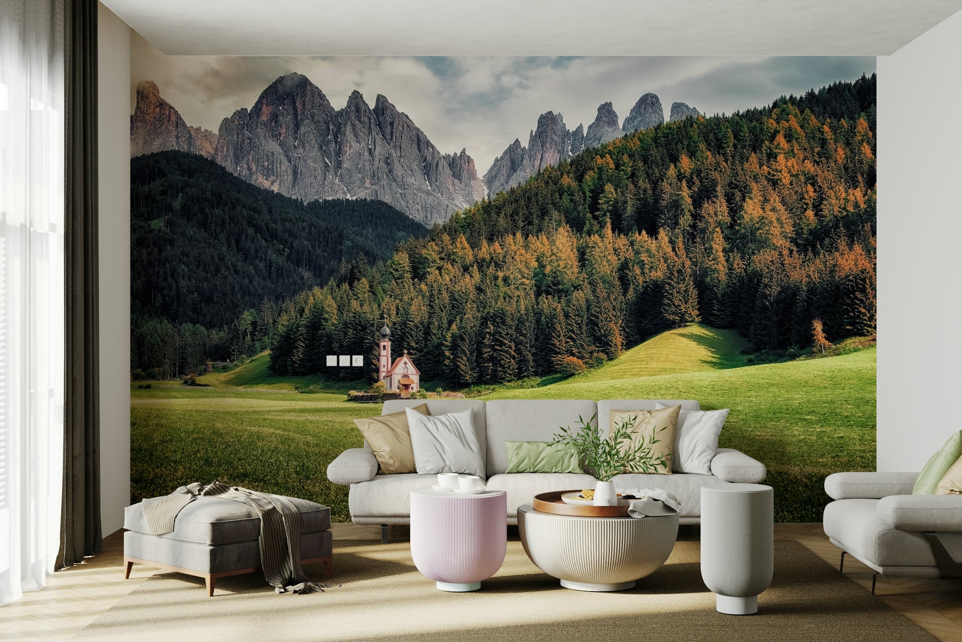 A graceful subtle peak wall mural in cool, natural tones.

