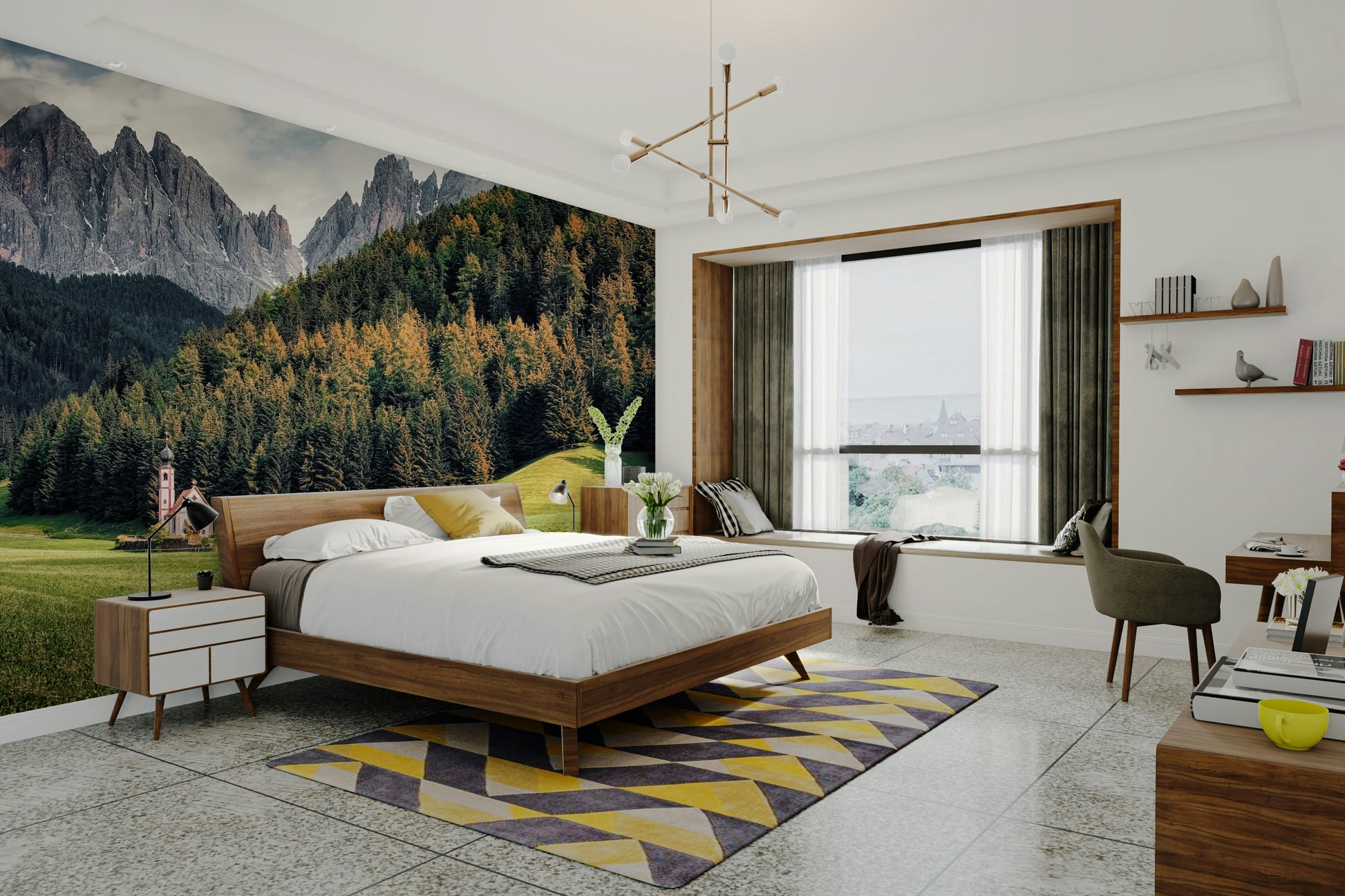 An artistic nature escape mural for home decor.

