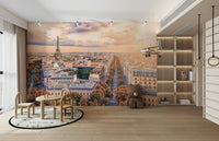An artistic Paris skyline mural on minimalist wallpaper.


