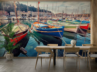 A graceful subtle boat wall mural in bright, tranquil tones.

