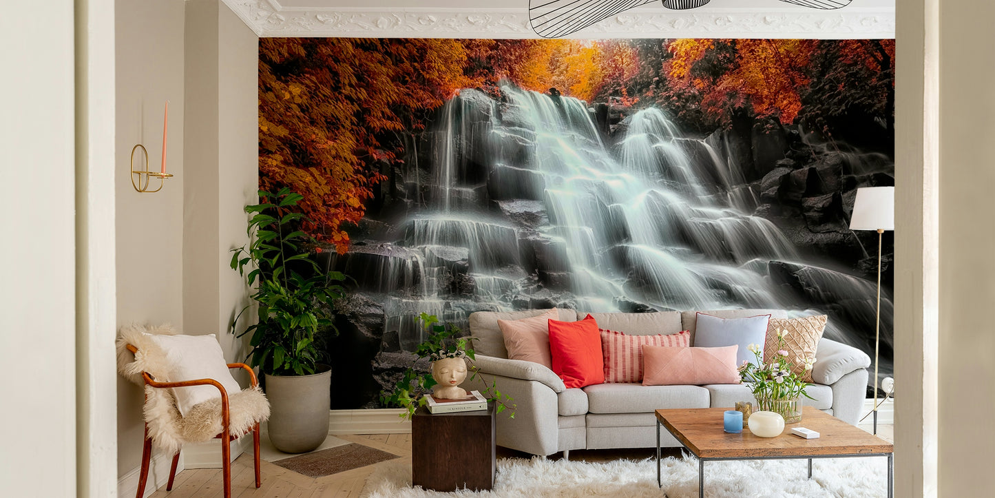 An artistic autumn leaves mural on scenic wallpaper.

