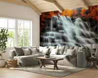 A serene nature scene wall mural in golden fall colors.

