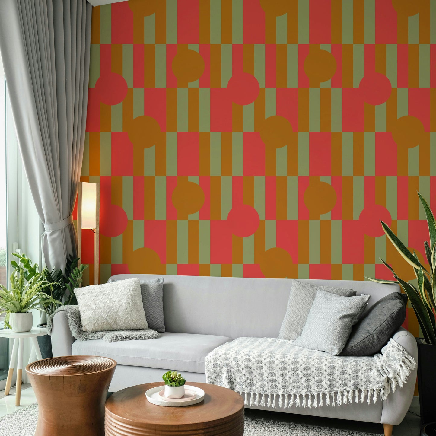 A beautiful geometric patchwork wallpaper mural for a modern room.

