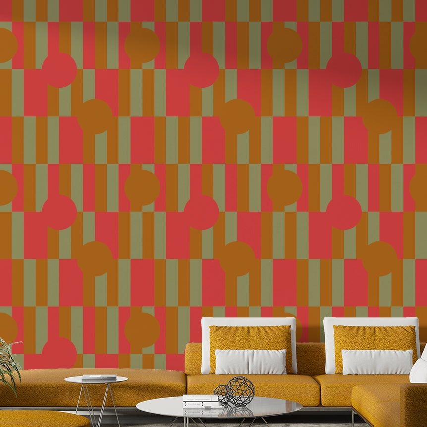 A contemplative colorful patch wallpaper mural for a feature wall.


