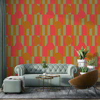 An artistic geometric design mural on minimalist wallpaper.


