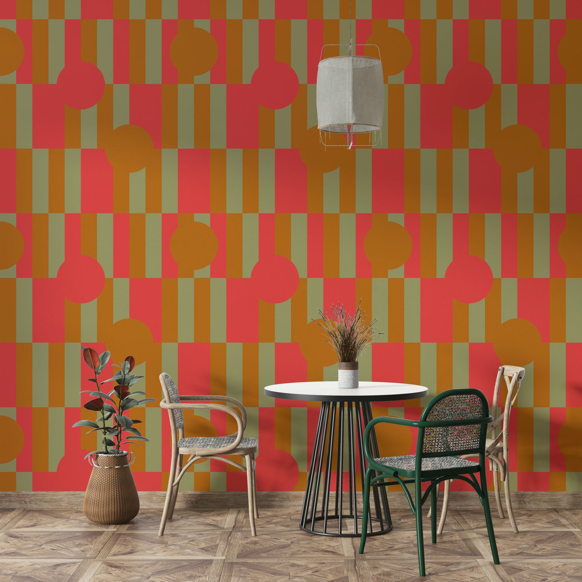 A graceful subtle geometric wall mural in cool, natural tones.

