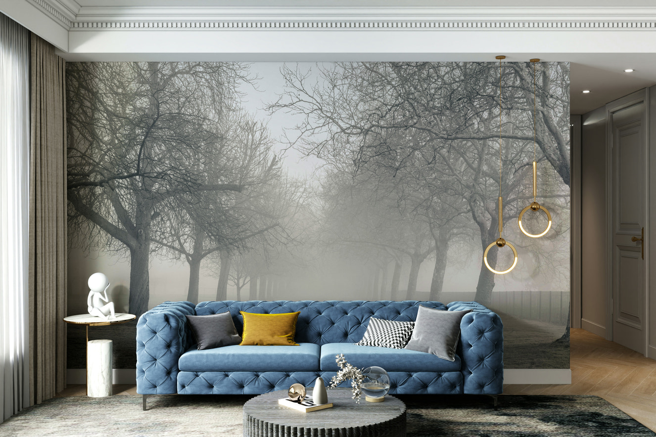 A beautiful serene forest wallpaper mural with a misty lane.

