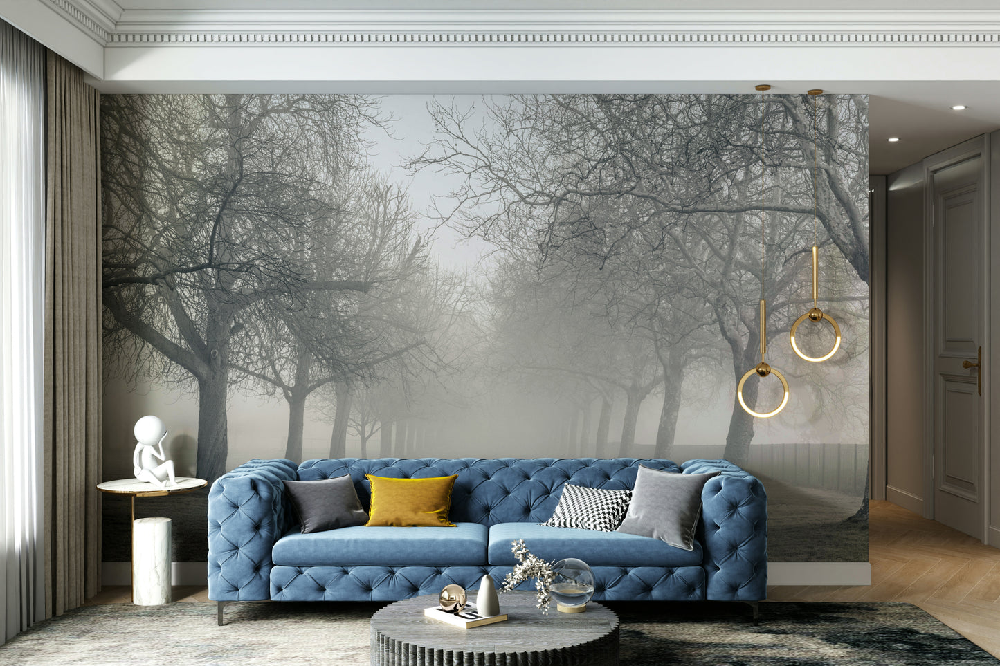 A beautiful serene forest wallpaper mural with a misty lane.

