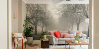 A contemplative misty forest wallpaper mural for a feature wall.

