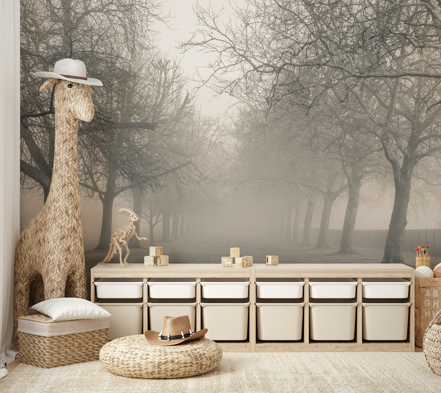 A graceful subtle fog texture wall mural in cool, natural tones.

