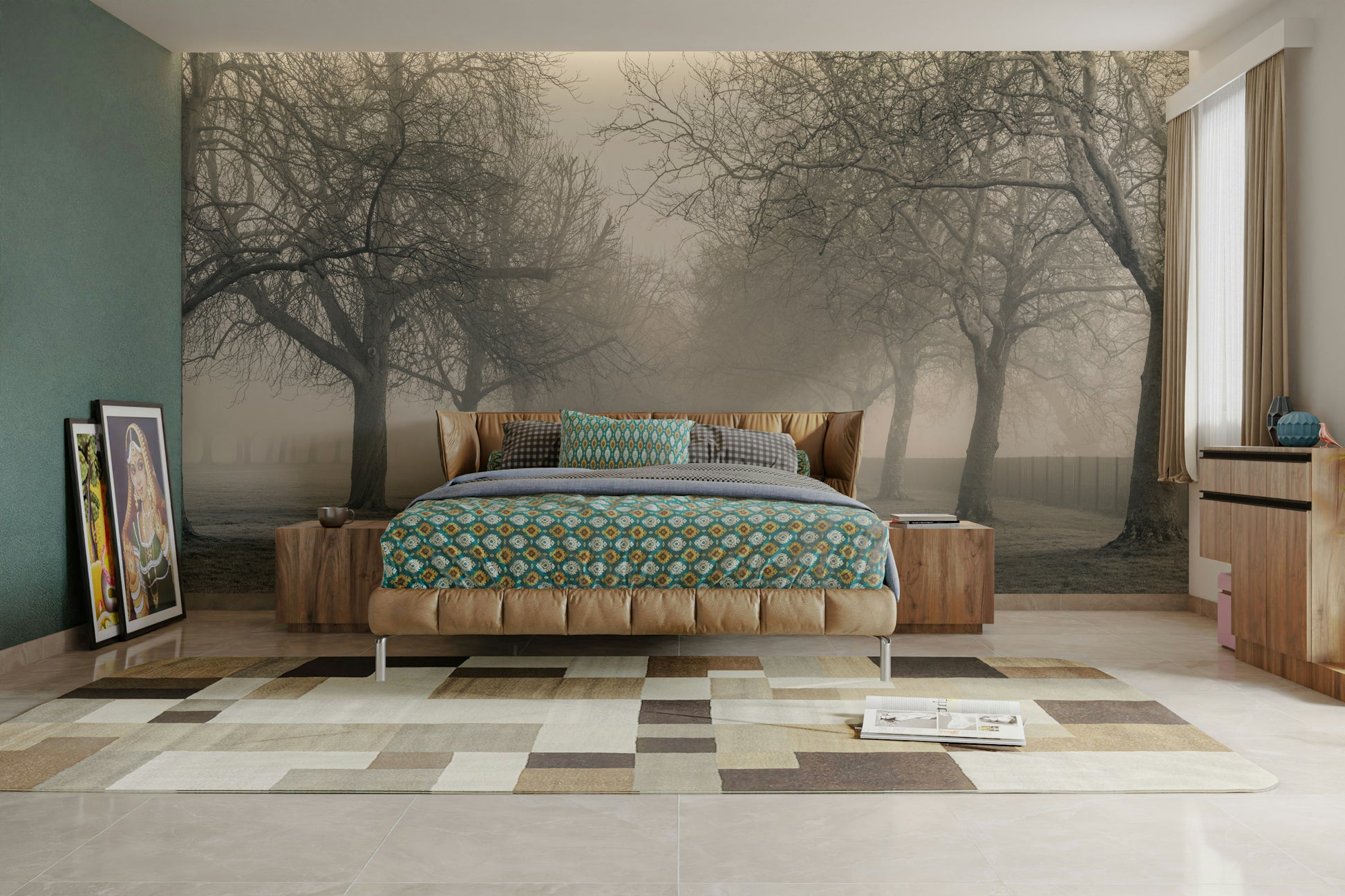 A peaceful tree-lined lane mural on decorative wallpaper.

