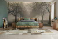 A peaceful tree-lined lane mural on decorative wallpaper.

