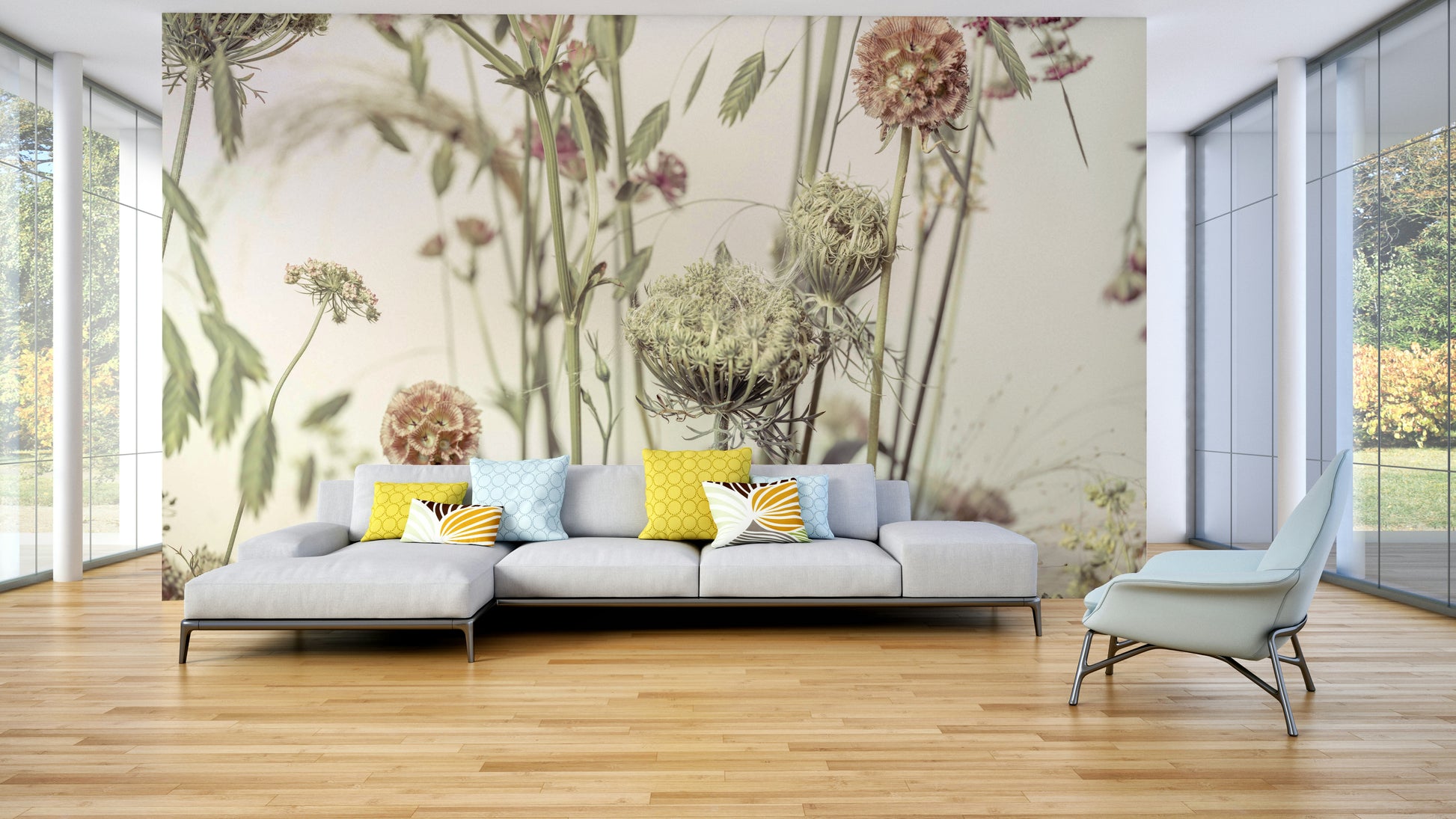 A beautiful wide-angle wall mural of a flower meadow.

