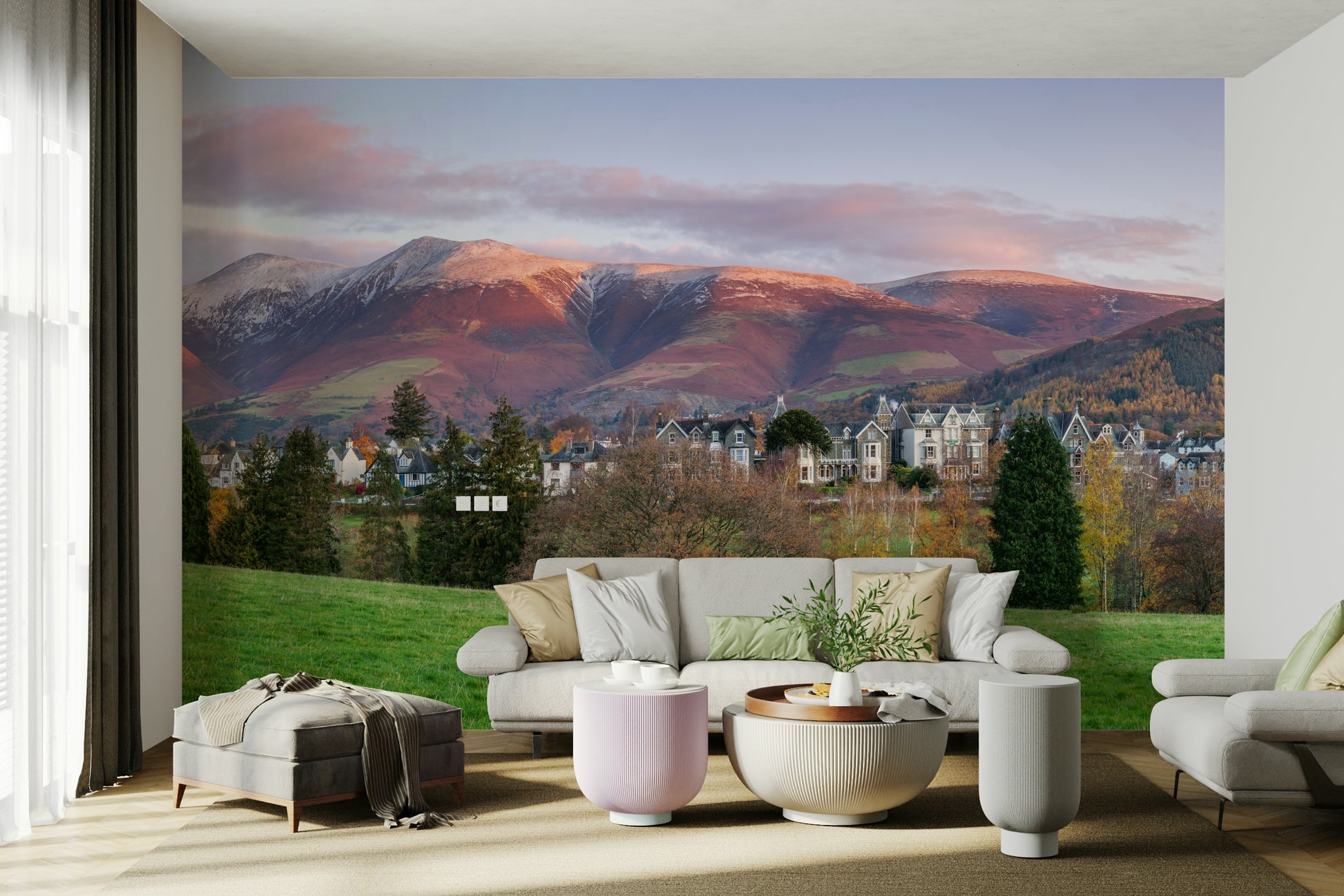 A calming serene lake wallpaper mural that defines a space.

