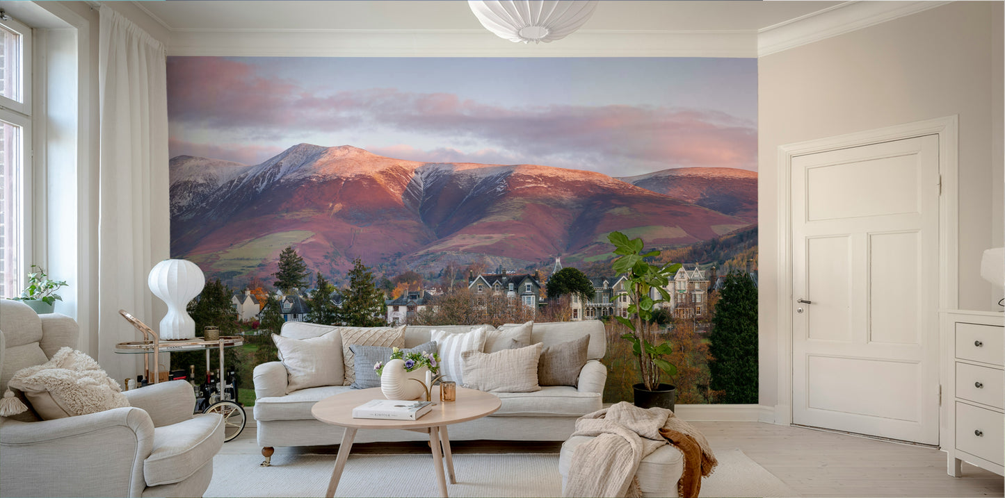 A graceful subtle lake wall mural in warm, natural tones.

