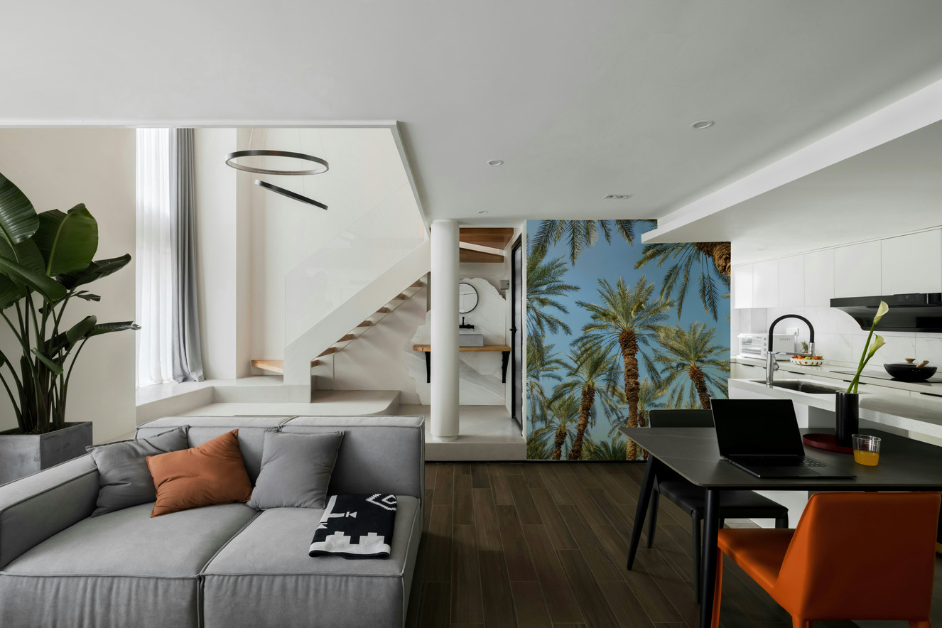 A beautiful sunny palm tree wallpaper mural for a modern home.

