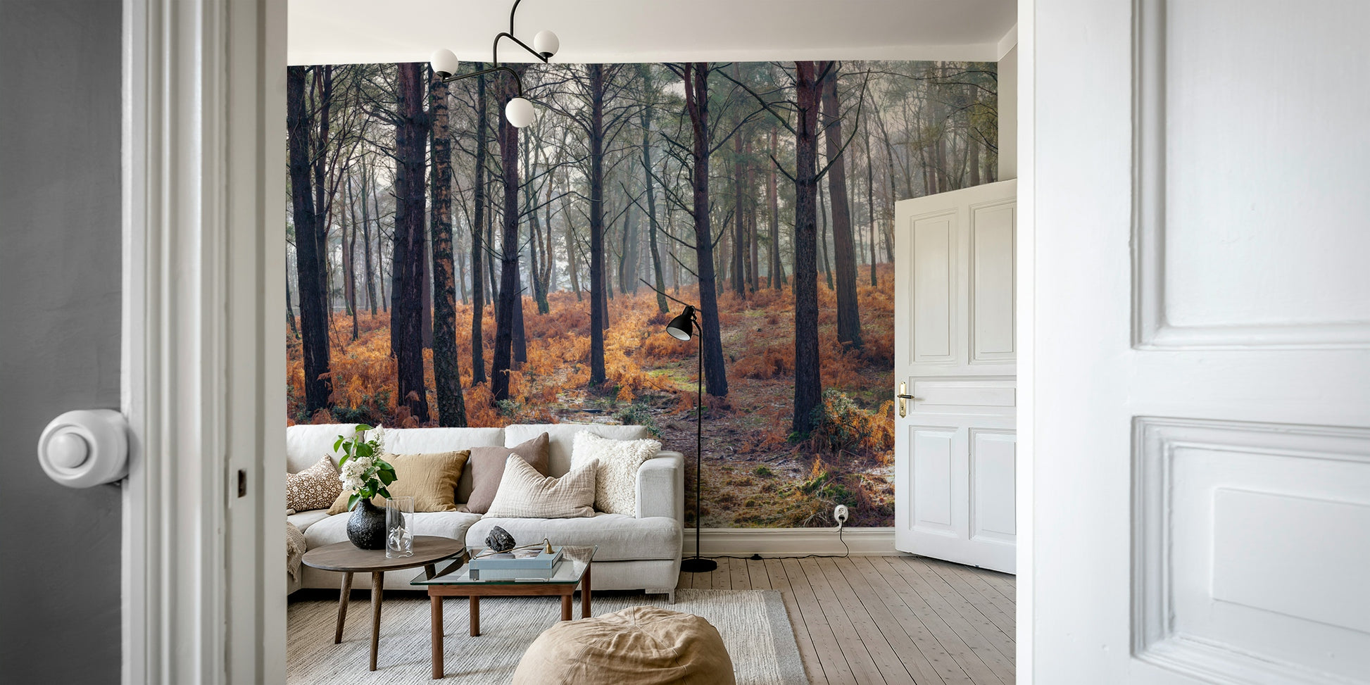A peaceful open woods mural on decorative wallpaper.

