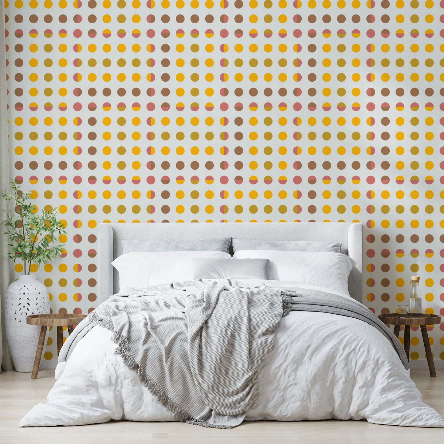 Mod Dots 1 Wallpaper featuring a modern geometric pattern of colorful dots on a neutral background.
