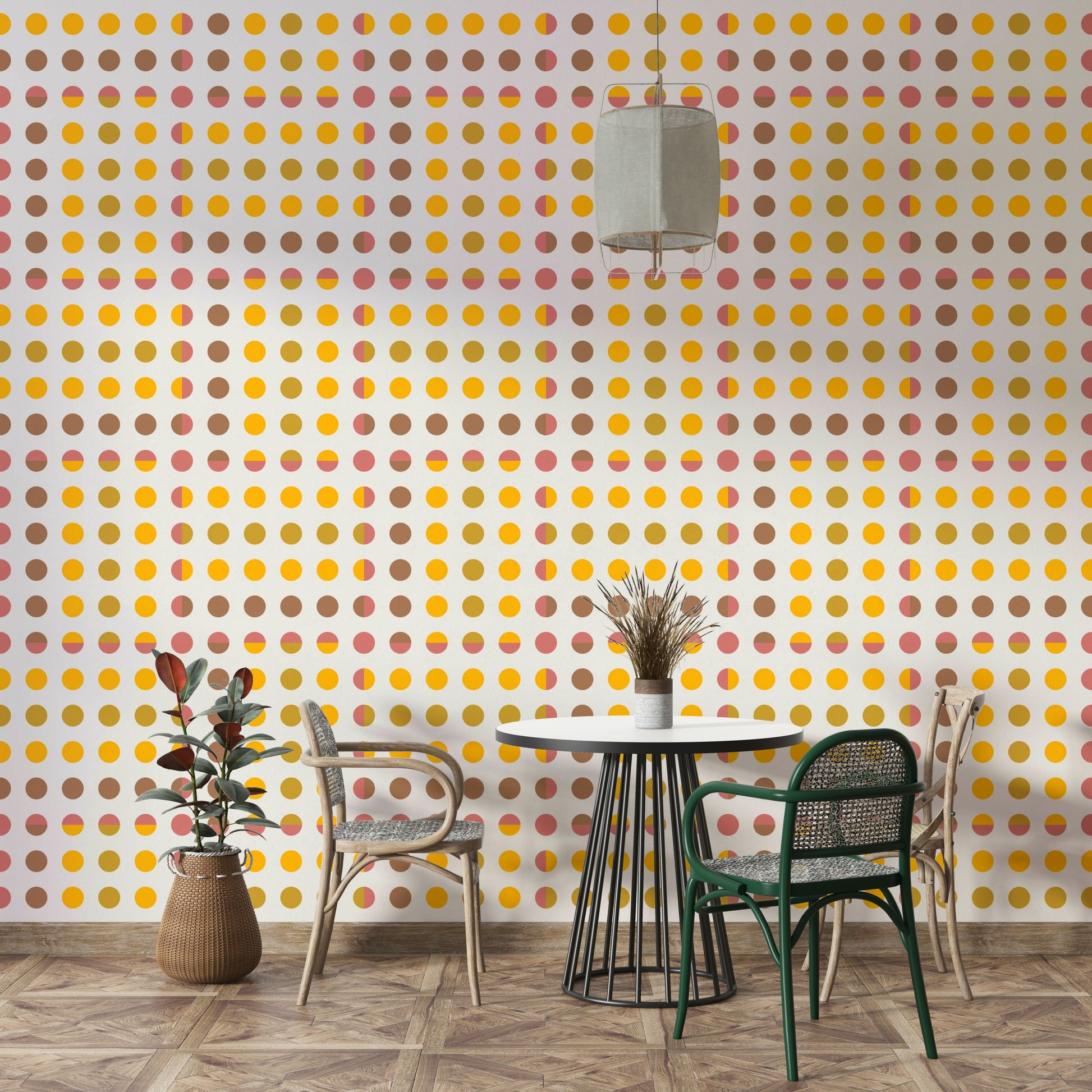 Decorative mural featuring circular dot shapes in a modern, repeating design.