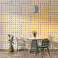Decorative mural featuring circular dot shapes in a modern, repeating design.