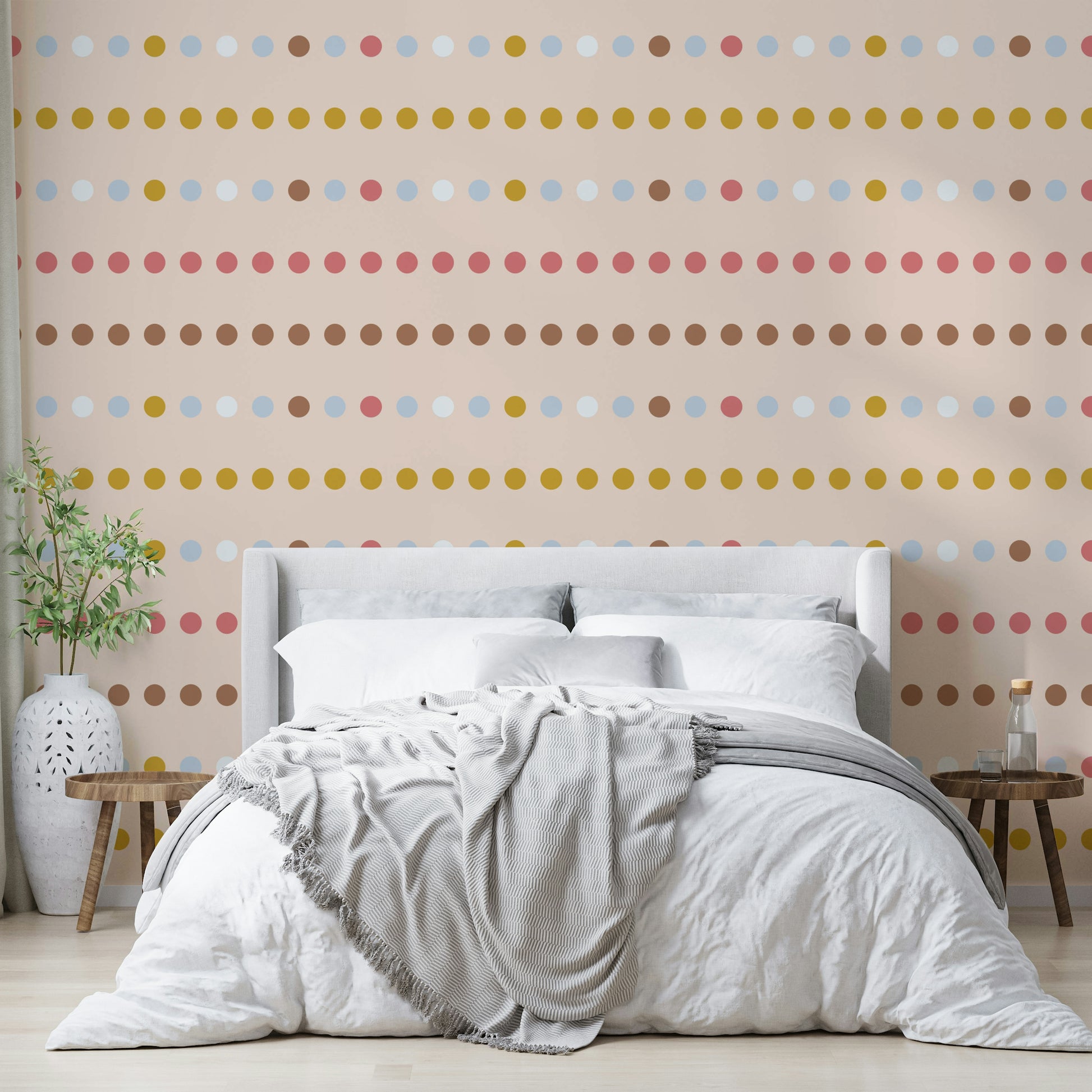A peaceful geometric mural on decorative wallpaper.

