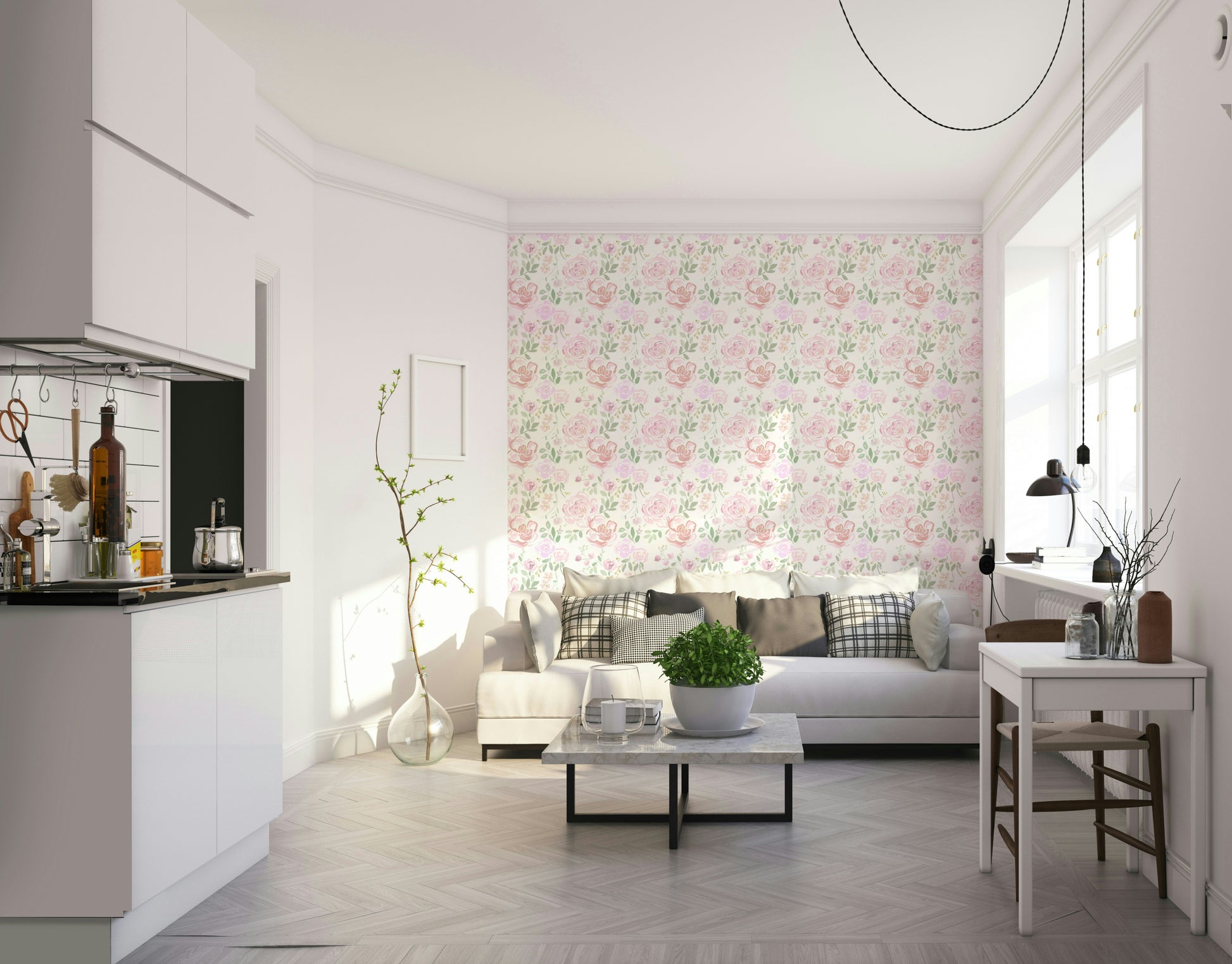 A beautiful rose water garden wallpaper mural for a modern home.

