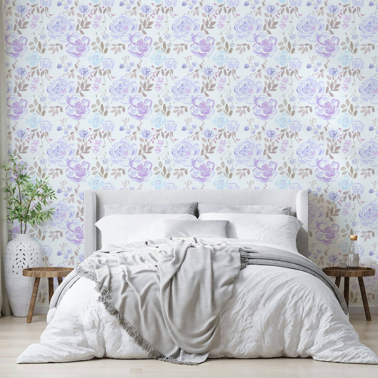 An artistic lilac blossom mural on minimalist wallpaper.

