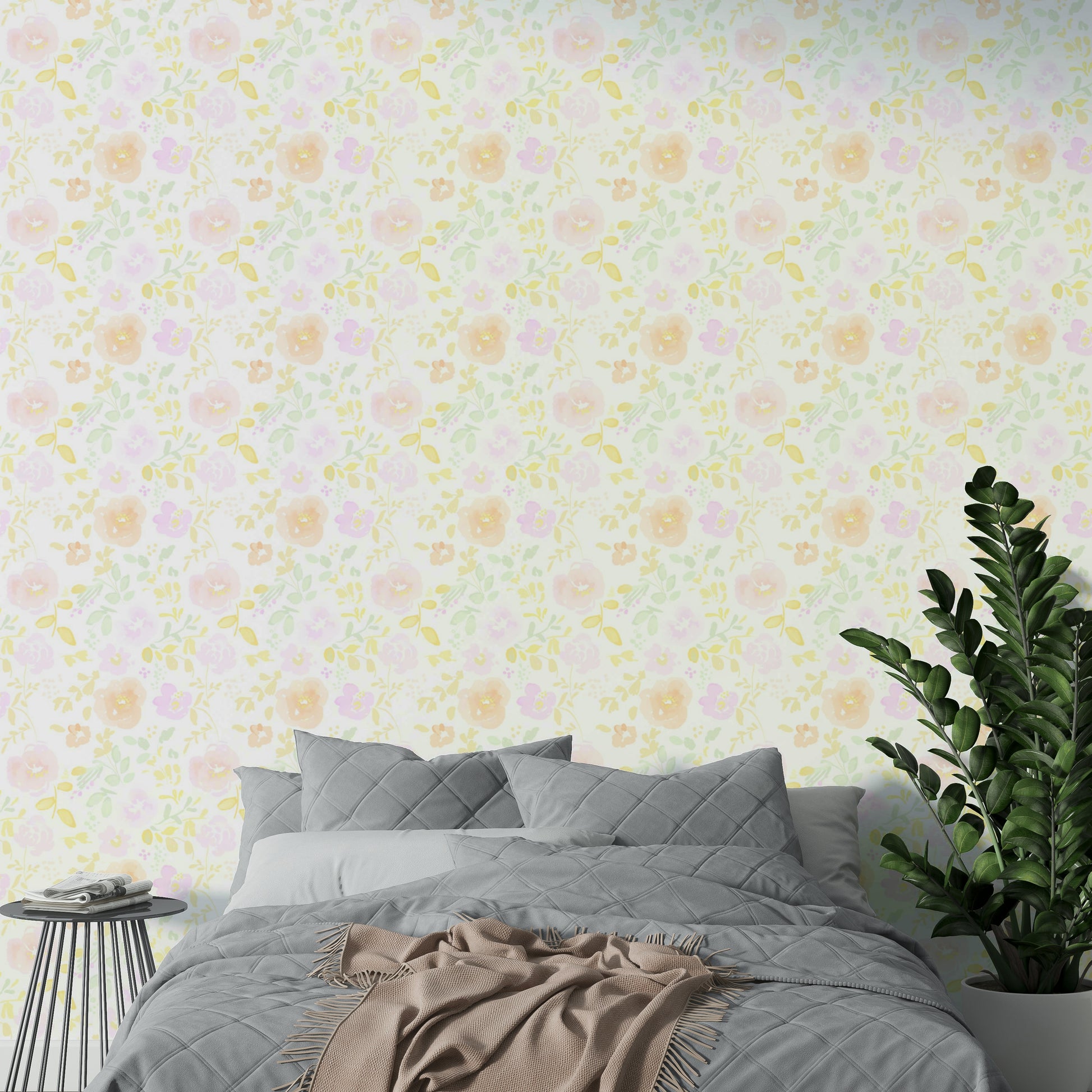 A graceful subtle bloom wall mural in cool, natural tones.

