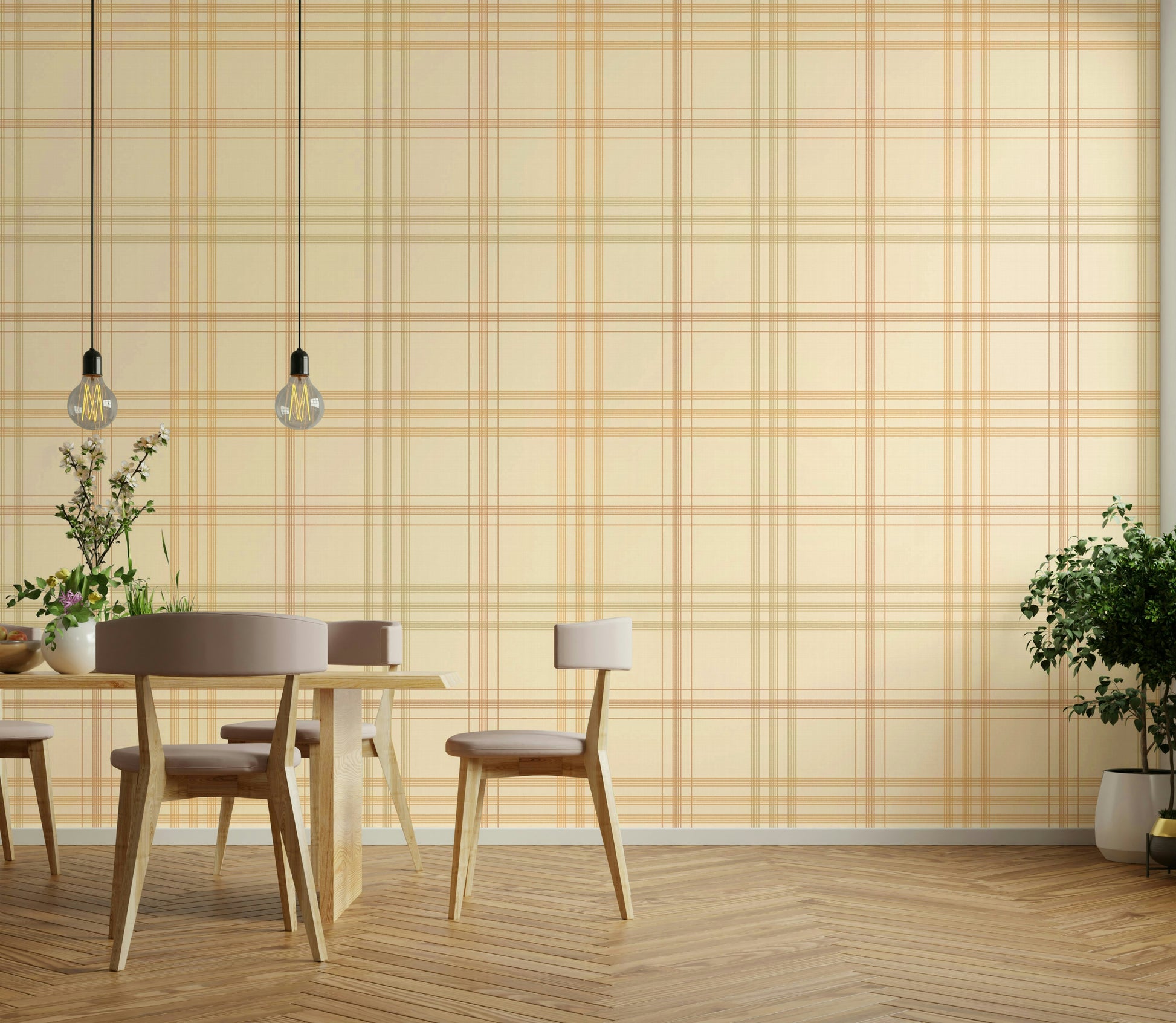 An artistic plaid pattern mural on cozy wallpaper.

