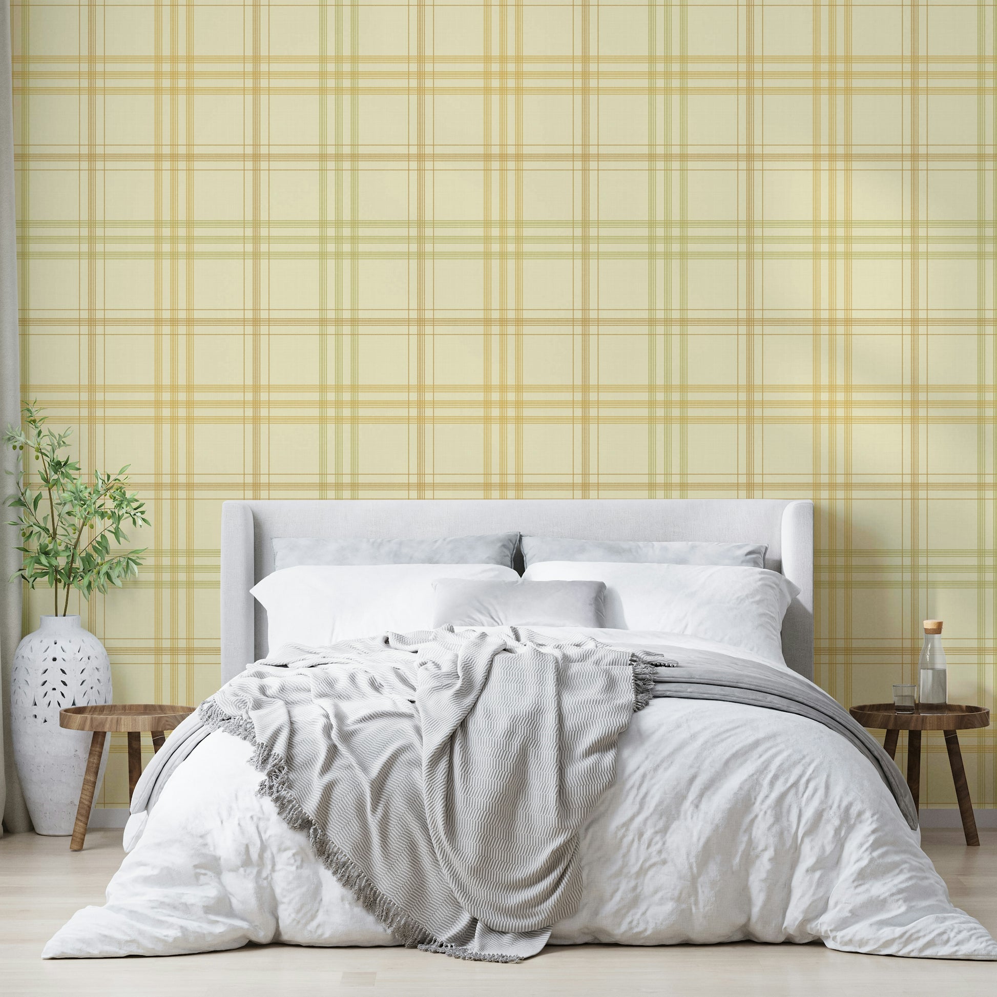 A calming muted plaid wallpaper mural that defines a space.

