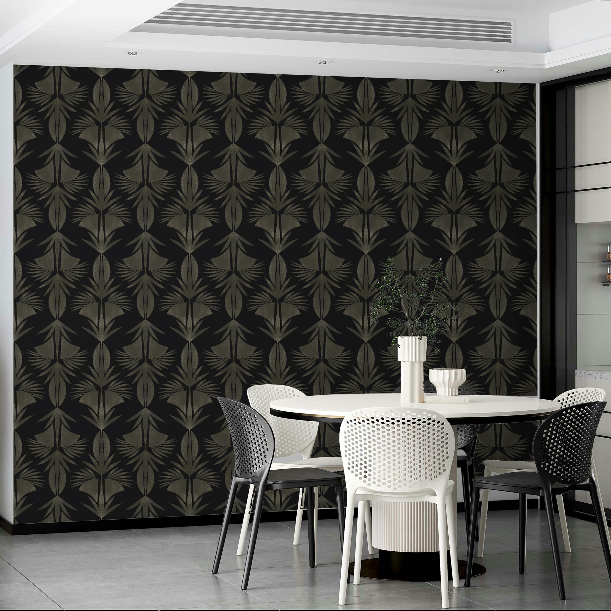 An artistic stylized foliage mural on luxury wallpaper.

