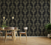A peaceful geometric leaf mural on decorative wallpaper.

