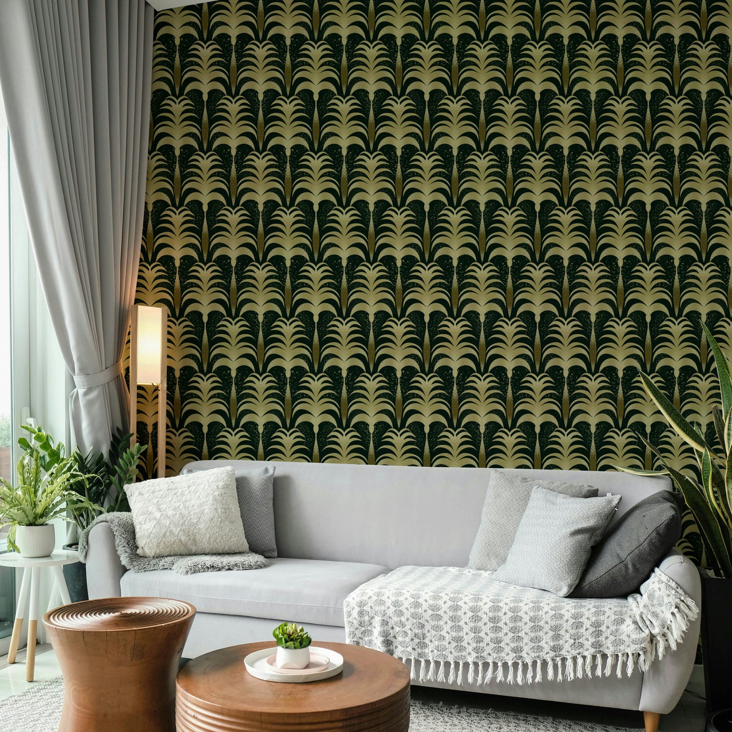 A calming foliage design wallpaper mural that defines a space.

