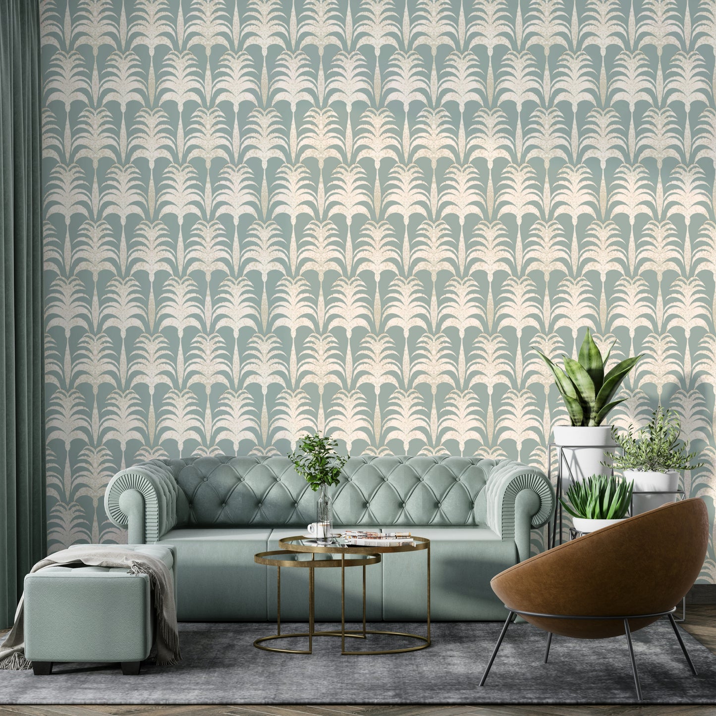 A peaceful tropical garden mural on decorative wallpaper.

