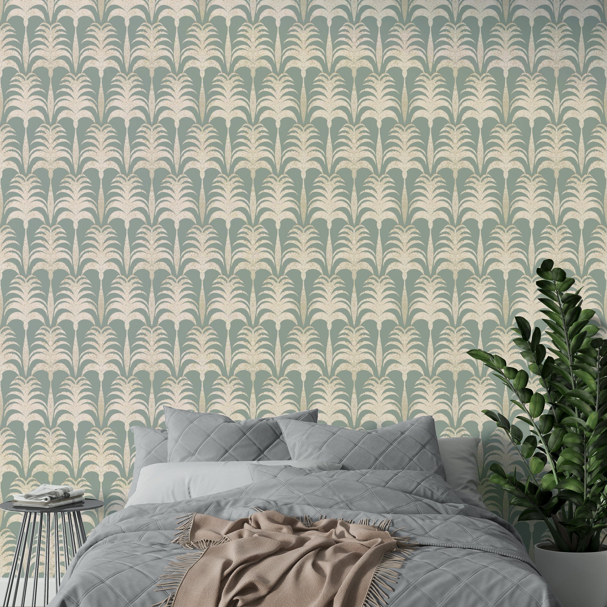 A beautiful wide-angle wall mural of tropical leaves.

