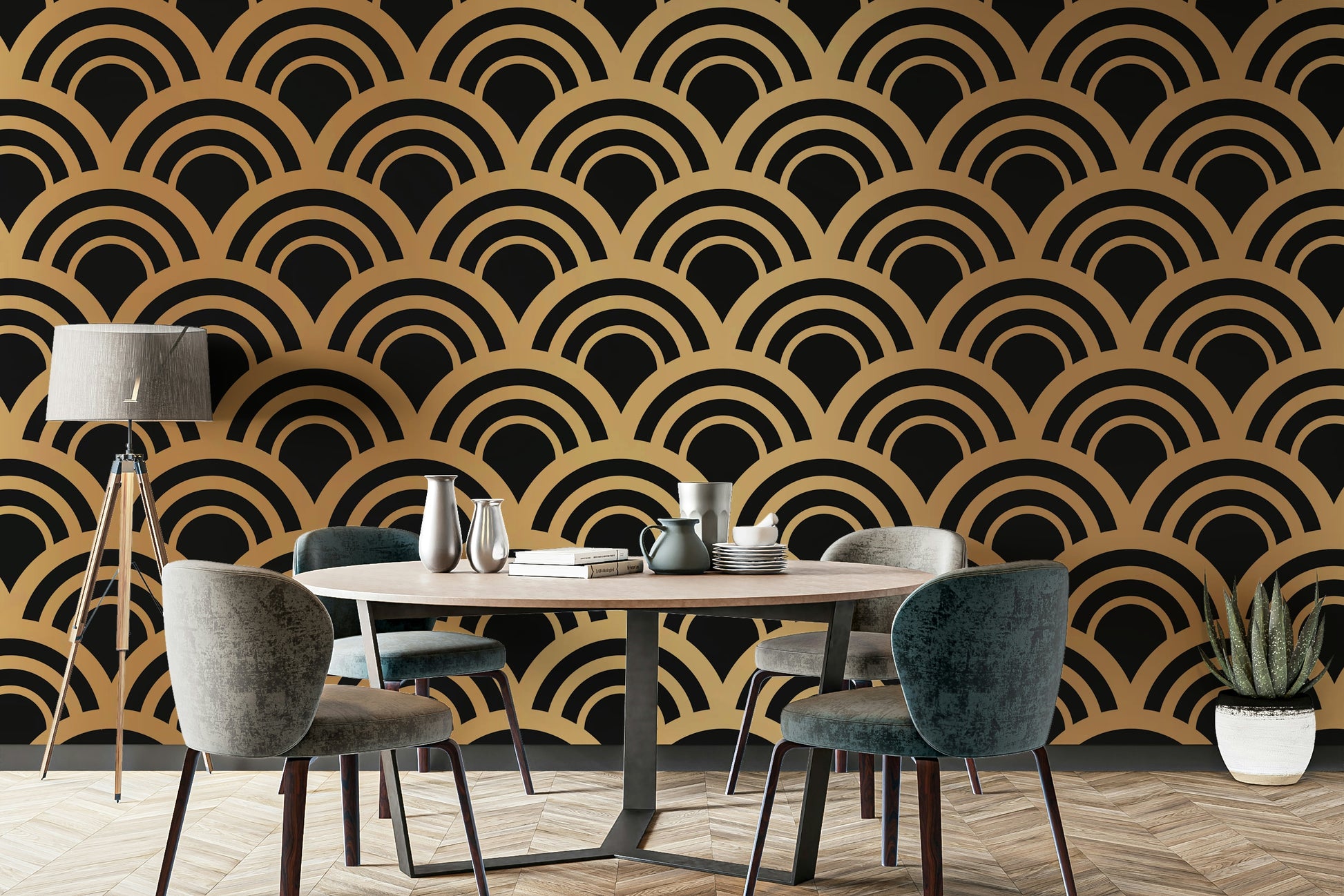 A calming gold wave design wallpaper mural that defines a space.

