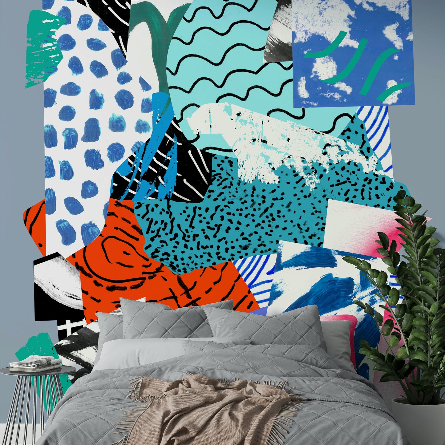 A beautiful wide-angle wall mural of mixed blue hues.

