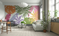 An artistic exotic floral mural on minimalist wallpaper.

