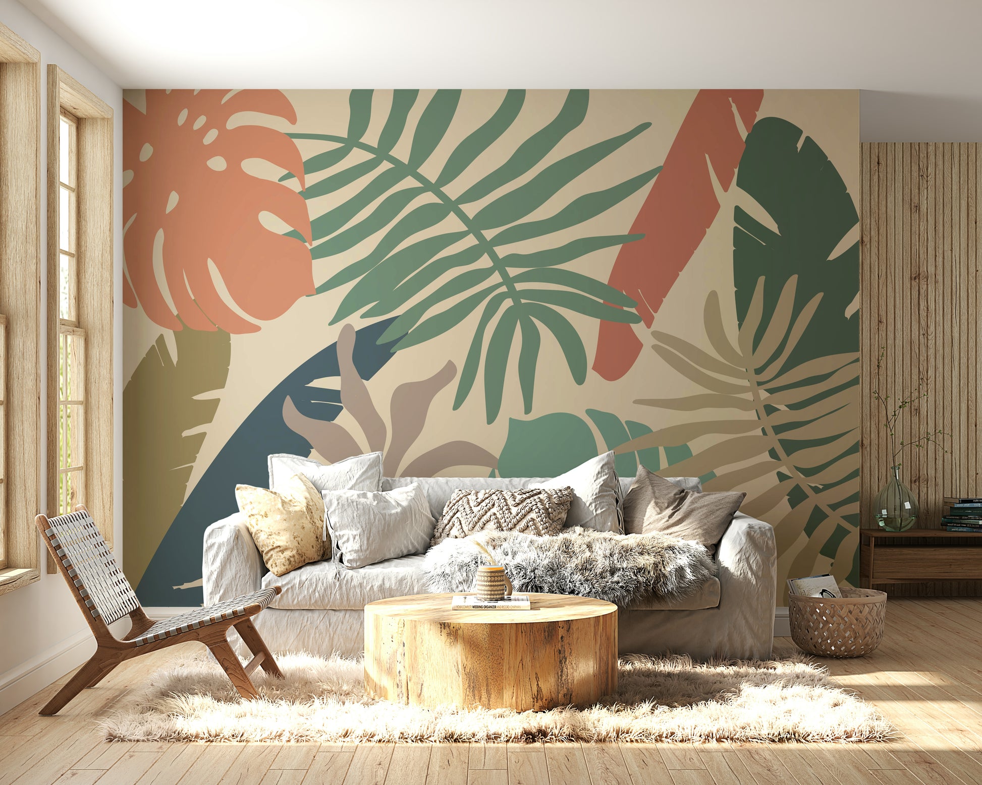 A graceful subtle leaf wall mural in warm, natural tones.

