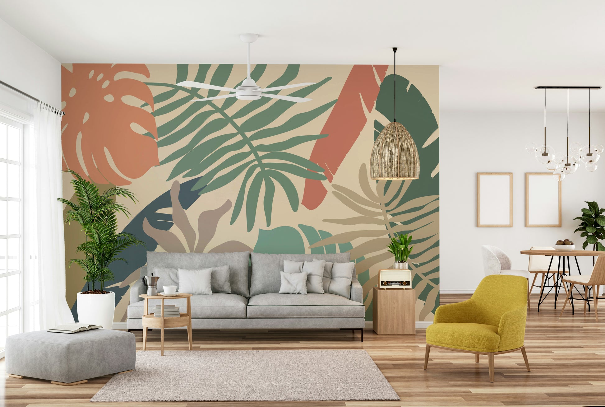 A peaceful tropical forest mural on decorative wallpaper.

