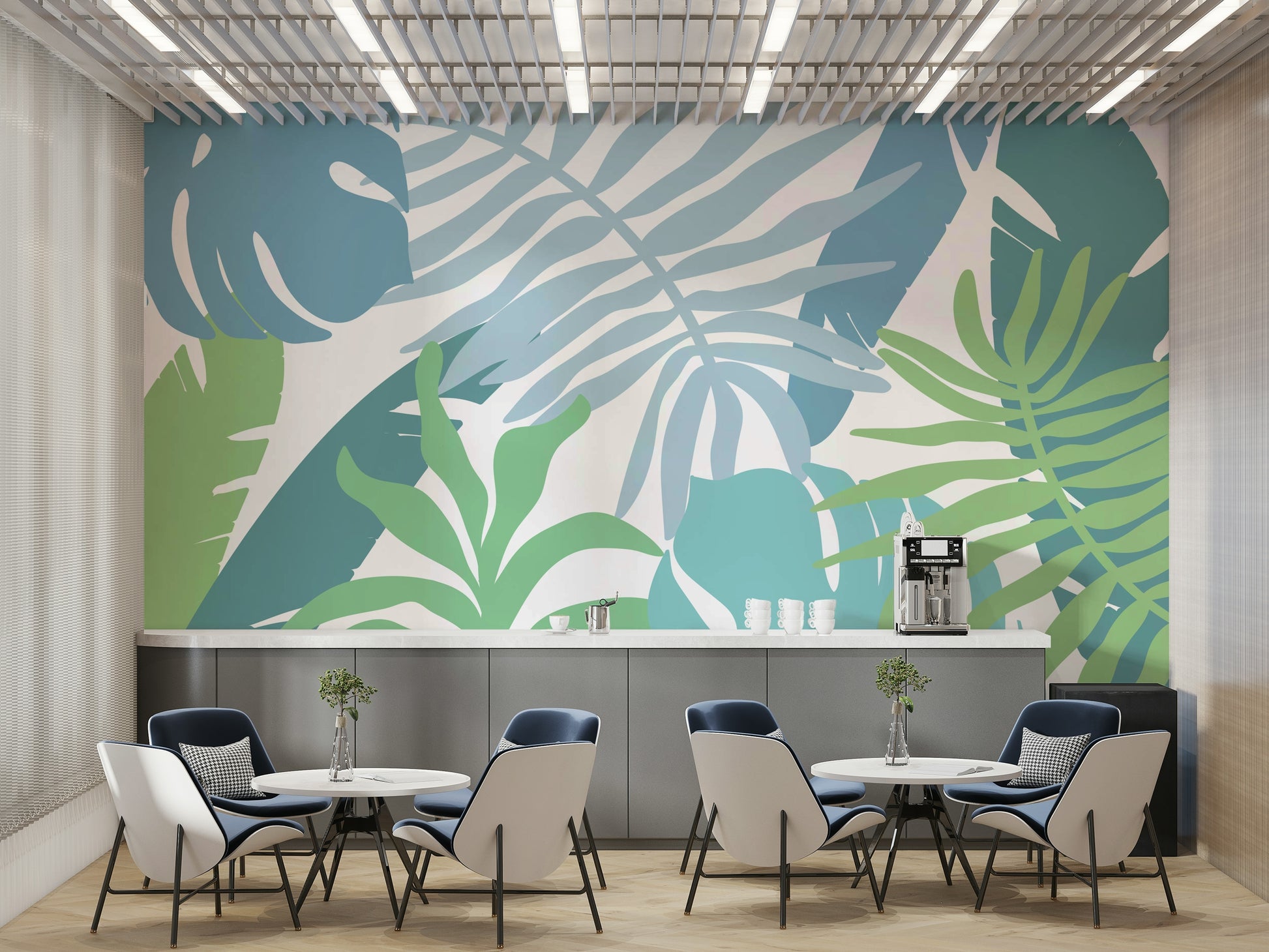 A calming foliage pattern wallpaper mural that defines a space.

